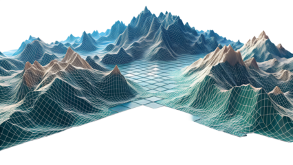 A digital rendering of a mountain range with a wireframe overlay, symbolizing data, technology, and landscape isolated on transparent background