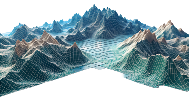 A digital rendering of a mountain range with a wireframe overlay, symbolizing data, technology, and landscape isolated on transparent background