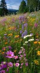 Colorful wildflower meadow under blue sky