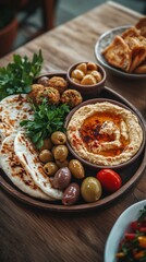 Mediterranean mezze platter with hummus, falafel, olives, tomatoes and flatbread