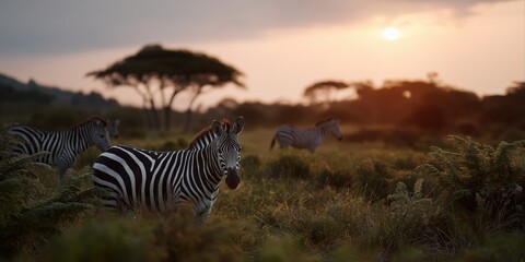 Obraz premium Zebras grazing at sunset in african savanna landscape