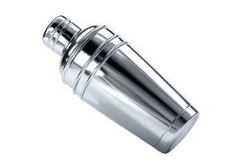 A silver cocktail shaker is shown on a white background
