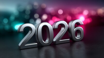 Metallic 2026 numbers with colorful bokeh background for new year celebration