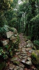 Explore a winding stone path in a verdant forest