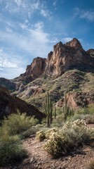 Cacti flourish in rugged desert under blue sky