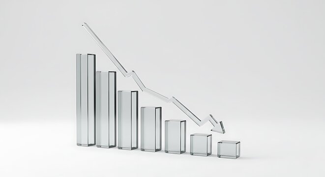 Glass Bar Graph with Downward Arrow, Financial Decline.