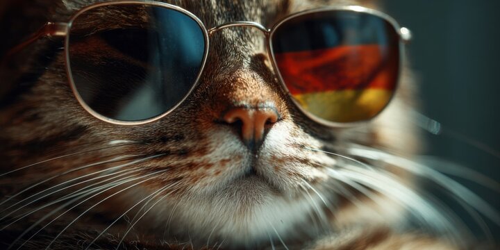 Cat wearing stylish sunglasses relaxing indoors on a sunny day
