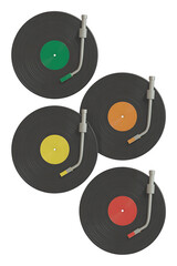 Four vinyl records with colorful labels and a turntable.
