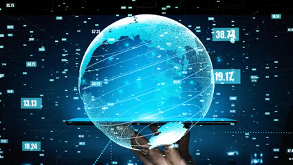 A futuristic concept showing a digital globe held above a smartphone, with diverse data visualizations and analytics floating in a high-tech ambiance, representing global connectivity. Xenic