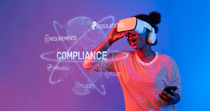A young woman immerses herself in virtual reality, exploring compliance and regulation concepts in a vibrant, tech-driven environment. Ideal for topics on modern training. XDMCP