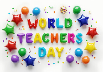 Colorful Balloons and Confetti for World Teachers Day Celebration with Festive Decoration, School Education, Greeting Card and Appreciation Theme