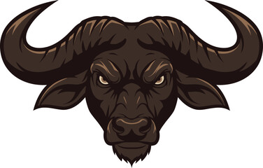 A powerful and fierce buffalo head mascot, a bold and aggressive symbol of strength, determination, and untamed spirit for a sports team or brand logo.