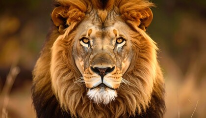 Obraz premium Majestic male lion with a beautiful mane looking directly at the camera. A powerful and detailed wildlife portrait of a big cat.