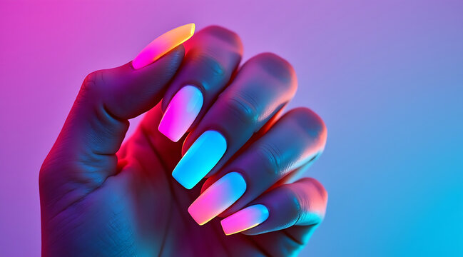 Neon gradient nails with long square shape glowing under colorful pink and blue lighting, showcasing vibrant and stylish manicure art