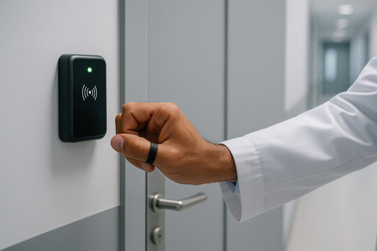 Close-up of doctor&rsquo;s clenched hand with black smart ring held near hospital wall scanner beside secure door