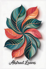 Abstract leaves in swirling patterns of red, teal, and gold.
