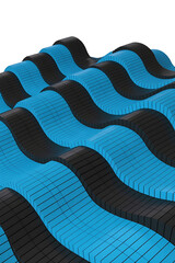 Abstract design of rippling blue and black stripes.
