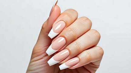 French manicure with long stiletto nails on hand, glossy nude and white nail polish, elegant and stylish nail art design