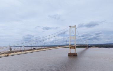 River Severn, South Gloucestershire, UK, June 22, 2025; aerial view of the Severn Bridge over the River Severn, South Gloucestershire, UK