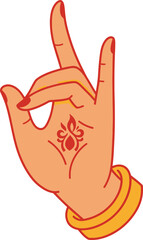 Obraz premium Female hand in a beautiful traditional Indian mudra gesture, adorned with a golden bangle and ornate henna pattern, symbolizing spirituality, peace, and culture.