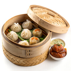 A bamboo steamer filled with momos and dipping sauces is presented on a white background, isolated on white background