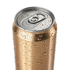A closeup of a refreshing gold soda can covered in water droplets isolated on transparent background