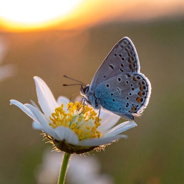 A butterfly on a flower at sunset