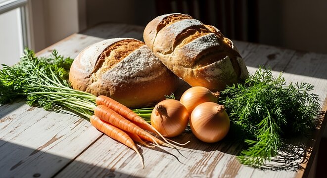 Freshly baked bread with vegetables on a wooden table. - Powered by Adobe