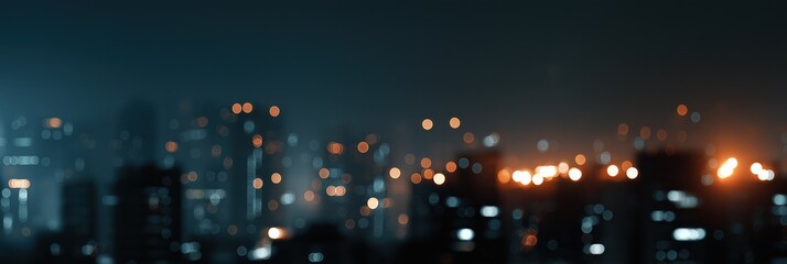 Blurred cityscape at night with glowing city lights and bokeh effect
