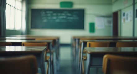 Empty Classroom With Wooden Desks and Blackboard in a Tranquil Educational Setting
