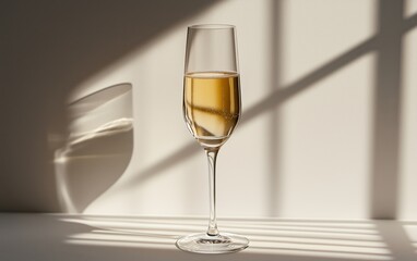 Elegant Champagne Glass With Bubbles and Shadows on a Wall During Afternoon Light