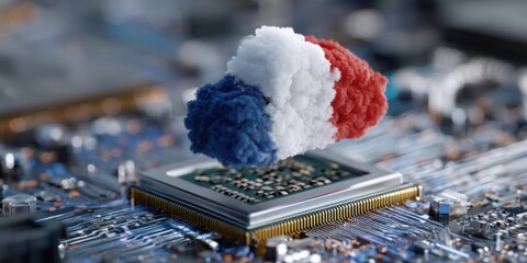 Surreal depiction of a cloud in French colors above a microchip on a circuit board