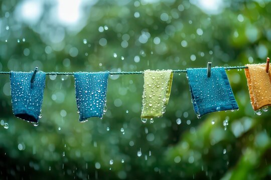 Line of clothes hanging on a clothesline in the rain