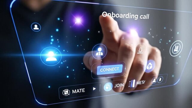 Human Resources: Process Futuristic Onboarding Interface, generated by AI A human hand interacts with a glowing digital interface for virtual onboarding, featuring icons like connect, join, and mute.
