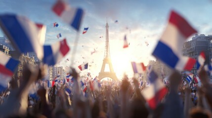 Fototapeta premium Crowd gathers in Paris waving flags with the Eiffel Tower in the background during a celebration at sunset
