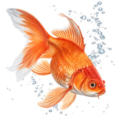 A vibrant orange goldfish swims gracefully among bubbles, its fins flowing in the water