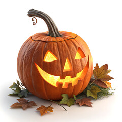 A glowing jackolantern sits among colorful fall leaves, radiating spooky halloween vibes