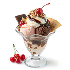 A decadent ice cream sundae with scoops of strawberry, chocolate, and vanilla, topped with whipped cream, cherries, nuts, chocolate sauce, and a wafer, is a delightful dessert