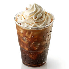 A tantalizing iced coffee topped with whipped cream and sprinkled with spices, served in a clear glass, offers a delightful and indulgent treat to savor and enjoy