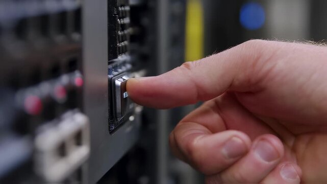 Medium shot capturing pressing of eject button on hotswap bay clear focus on finger and bay server room environment gently blurred in background.