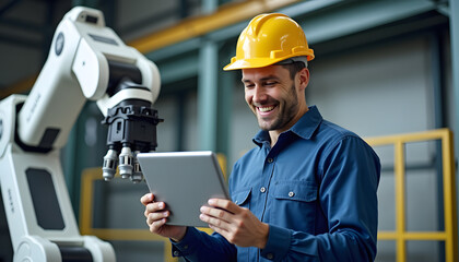 Engineer using a tablet to control a robotic arm in a modern factory setting.