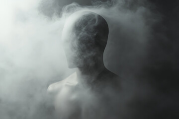 Figure emerging from smoke, evoking mystery, form, and texture. Atmospheric. Unidentified, a human outline is shrouded by fog, in low light.