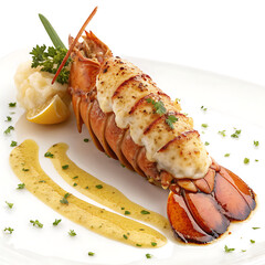 A delectable lobster thermidor isolated on white background is presented on a white plate with lemon and parsley, showcasing its creamy, cheesy topping