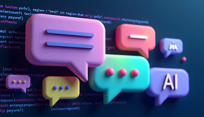 Colorful speech bubbles with AI text over a background of code.
