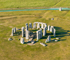 Stonehenge, Salisbury, UK, June 23, 2025; Stunning aerial view of the spectacular historical monument of Stonehenge stone circles, Wiltshire, England, UK