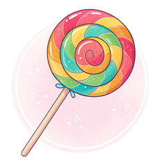A vibrant, colorful lollipop isolated on white background swirls with shades of pink, yellow, green, and blue, creating a sweet and whimsical treat