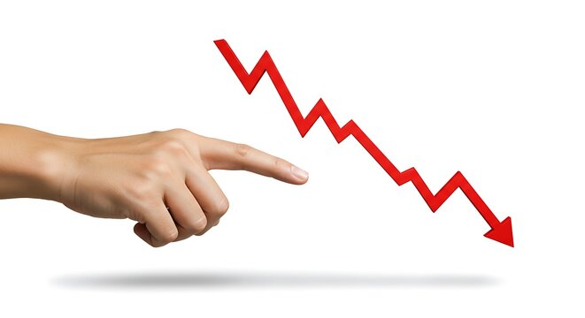 Hand Pointing at Red Downward Trend Arrow on White Background