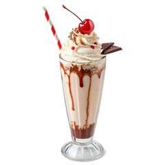 A decadent milkshake isolated on white background is topped with whipped cream, a cherry, and chocolate, served with a red and white striped straw