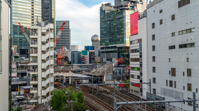 Japanese Cityscape View From Train Tracks