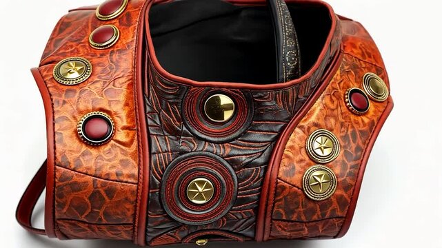 Ornate, reddish-brown leather bag with gold accents and decorative patterns